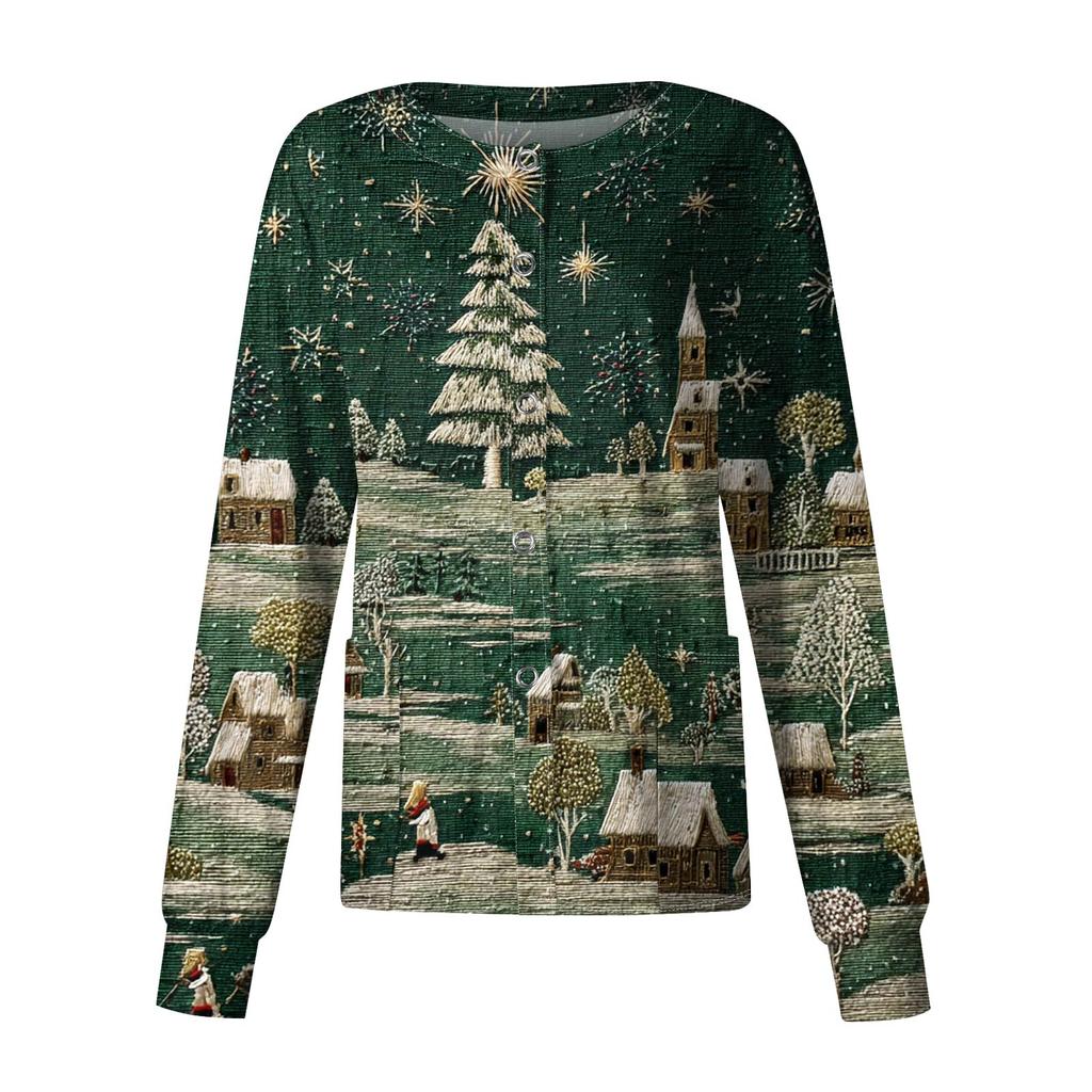 Women's Casual Long-Sleeved Single-Breasted Christmas-Themed Print  Cardigan