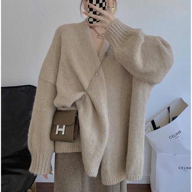 2024 New Korean Lantern Sleeve Drop Shoulder Cardigan - Loose Knitted Sweater for Women, Autumn Winter