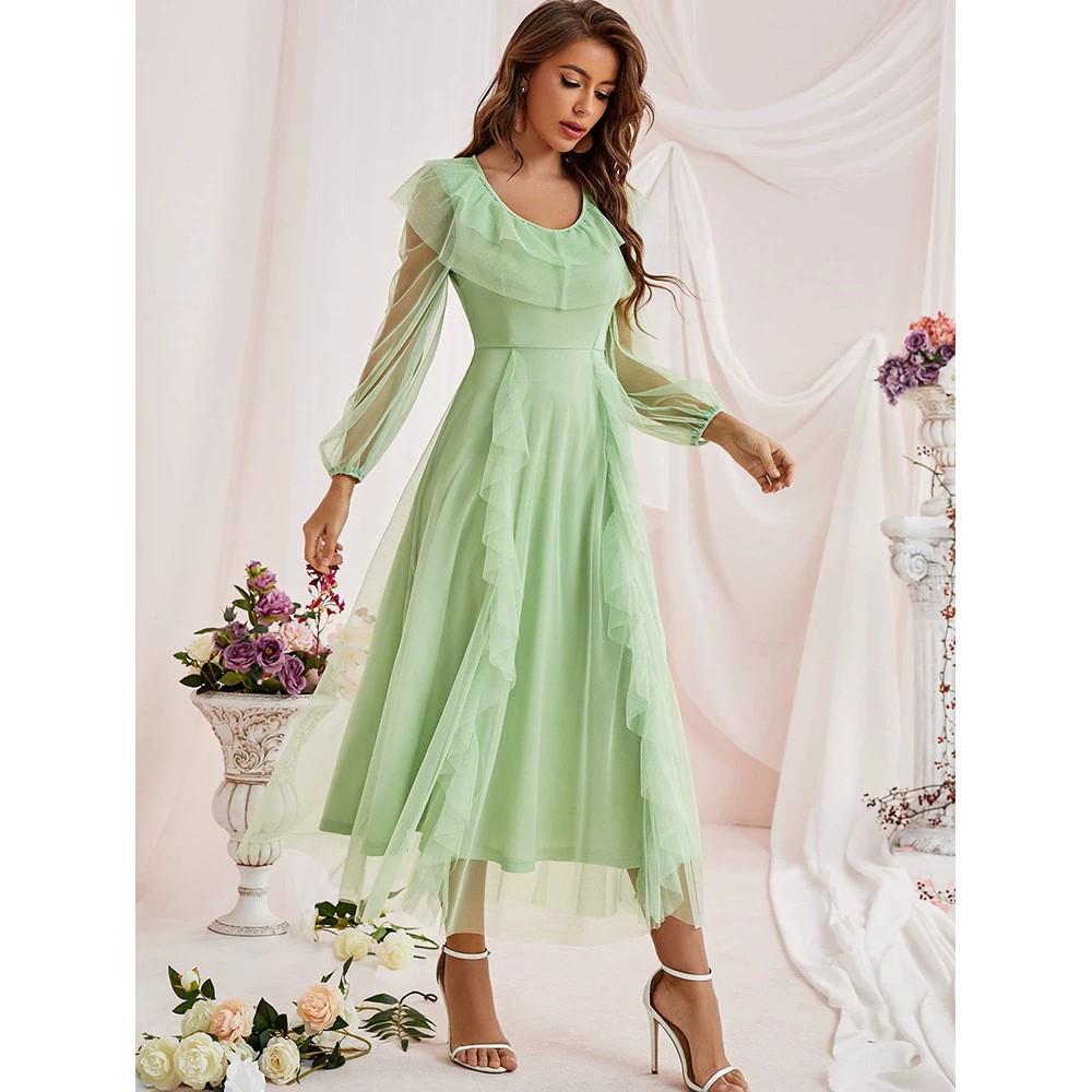 2025 Spring/Summer Women's Fashion A-line Dress with Net Yarn, Round Neck, Mid-waist - Europe, America, Middle East Collection