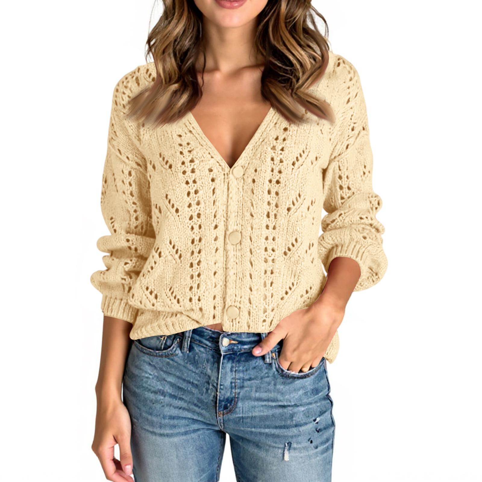 

Women s Solid Color Long Sleeve Cutout V-Neck Knitted Cardigan Sweater S бежевый