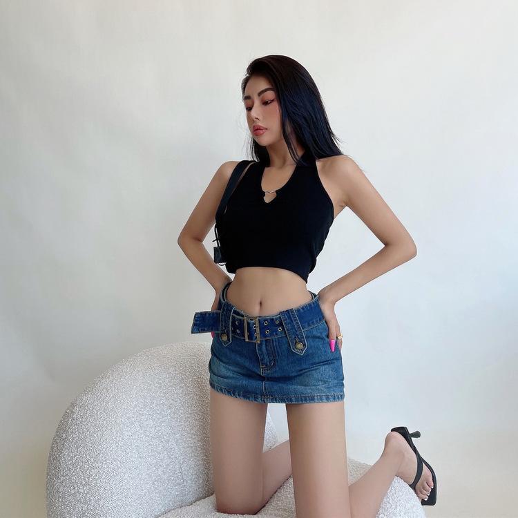 American Sexy High-Waisted Denim A-Line Mini Skirt for Women