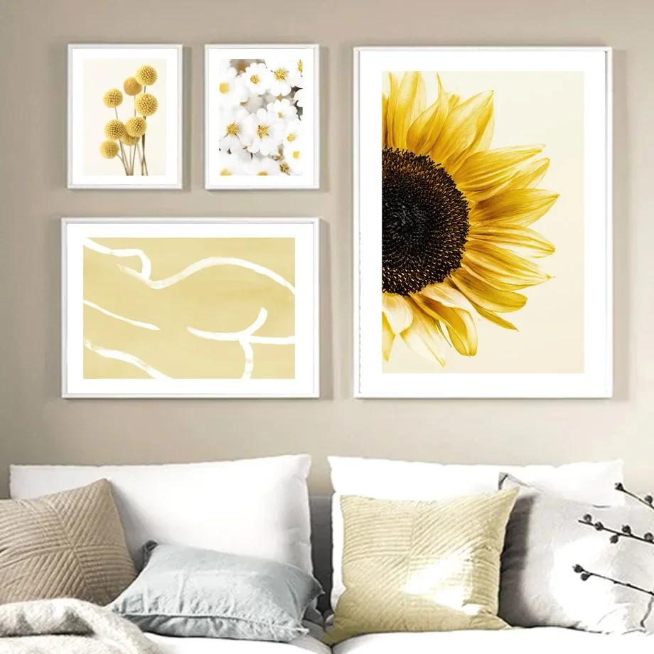 Yellow Dahlia Sunflower Orchid Butterfly Beige Wall  Canvas  Nordic Posters And Prints Pictures For Living Room Decor