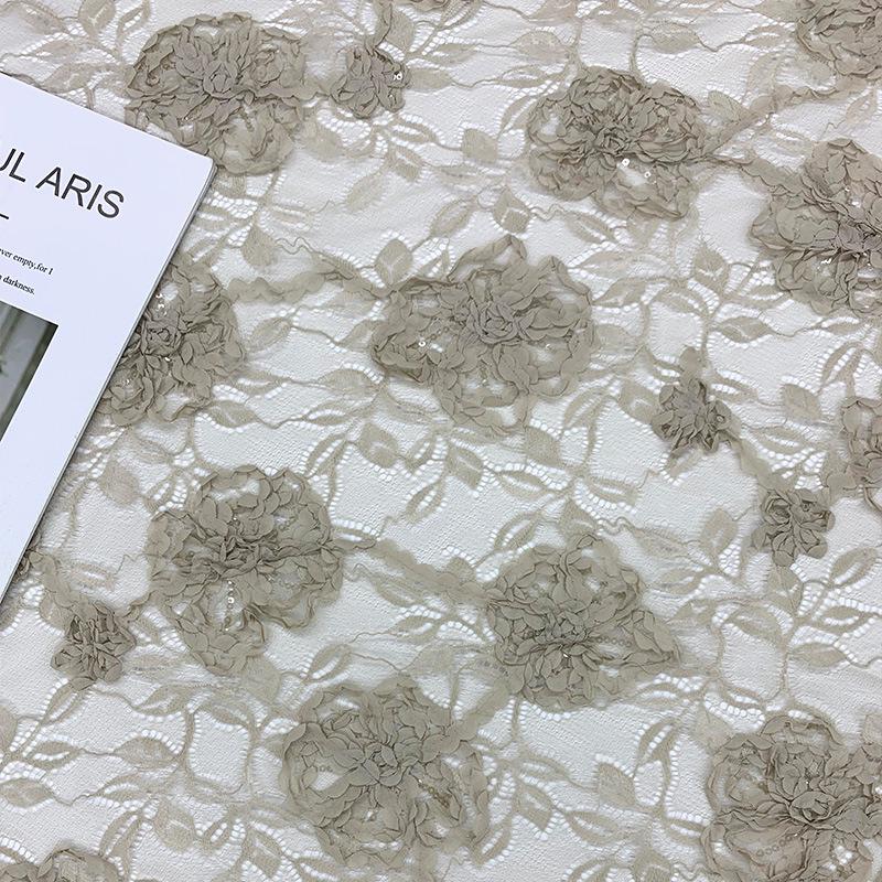 Pink Lace Fabric Roll with 3D Flower, Bead, and Sequin Embroidery for Children's Clothing Accessories