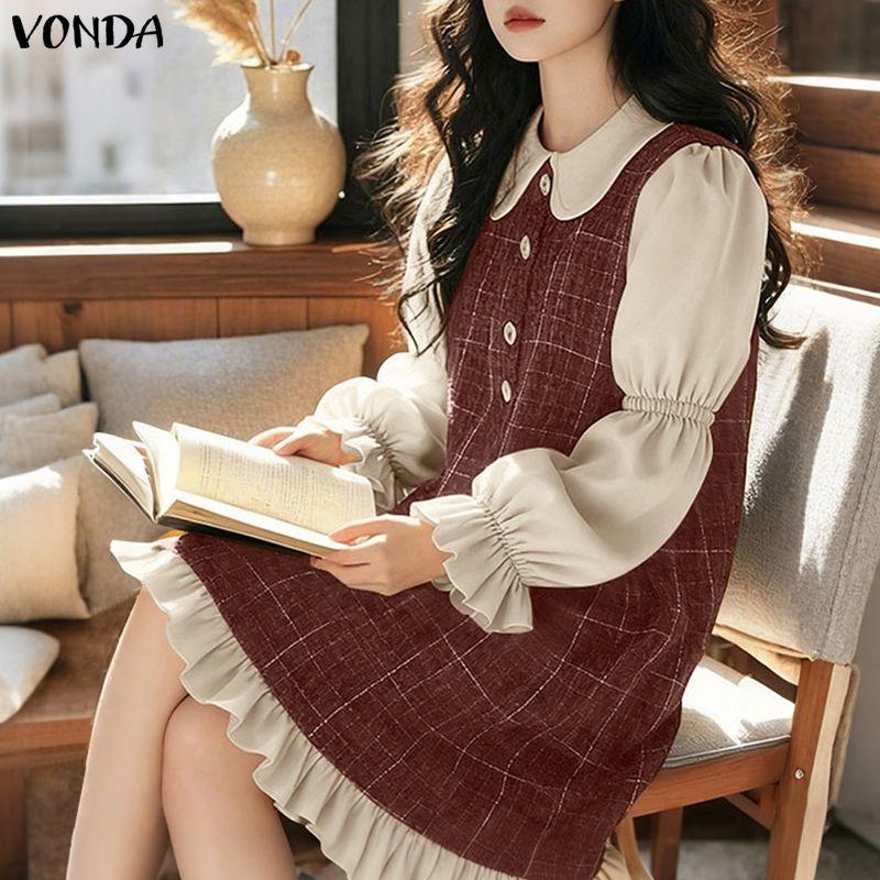 VONDA Women Lapel Neck Casual Long Sleeve Retro Plaid Patchwork Ruffled Shirts Dress