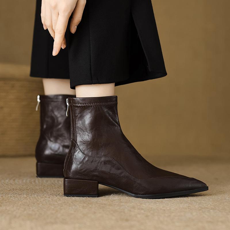 

Овчина~ Французские остроносые короткие ботинки женские 2025 новые повседневные на толстом каблуке тонкие ботинки супер огонь осенние ботинки челси 40