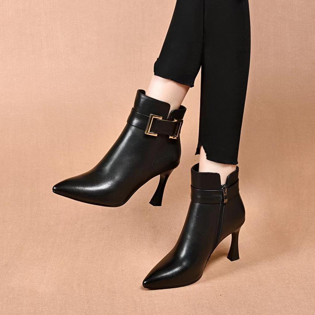 Pointed Stiletto Fashion Boots Women's Personalized Belt Buckle High Heel Boots Top Layer Cowhide Short Boots