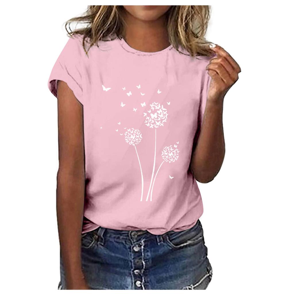 Women Fashion Casual Tops Printed Short Sleeve Shirts Round Neck Pullover T Shirts