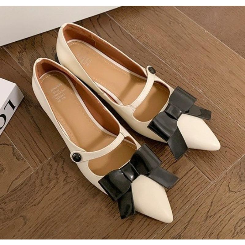 Fashion New Style Women's Cow Leather Mixed Color Ins Thick Med Heels Pointed Toe Butterfly-knot Shoes Fashion Party Brand Women Pumps