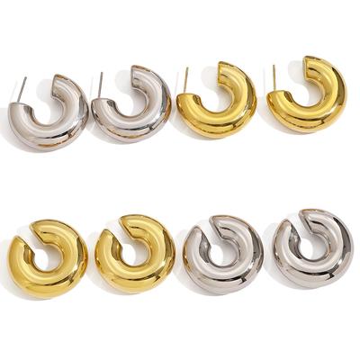 Fashion Thick Round C Shape Chunky Hoop Earrings Women Glossy Circle Gold Color Steel Needle Stud Huggie Earrings Jewelry