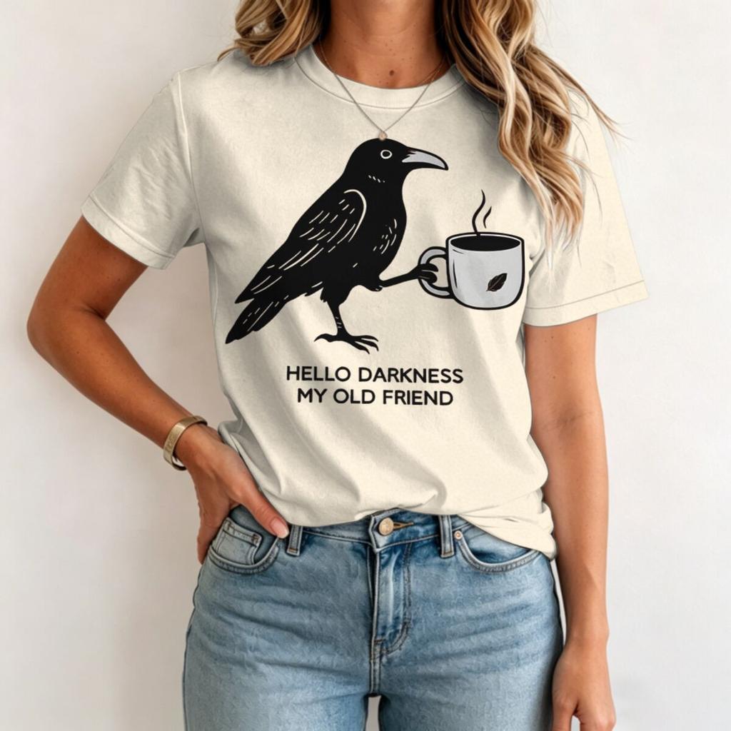 Hallo Dunkelheit Mein Alter Freund Krähe Rabe Kaffee Dunkler Humor Gothic Grafik T-Shirt Kurzarm Unisex Unisex T-Shirts