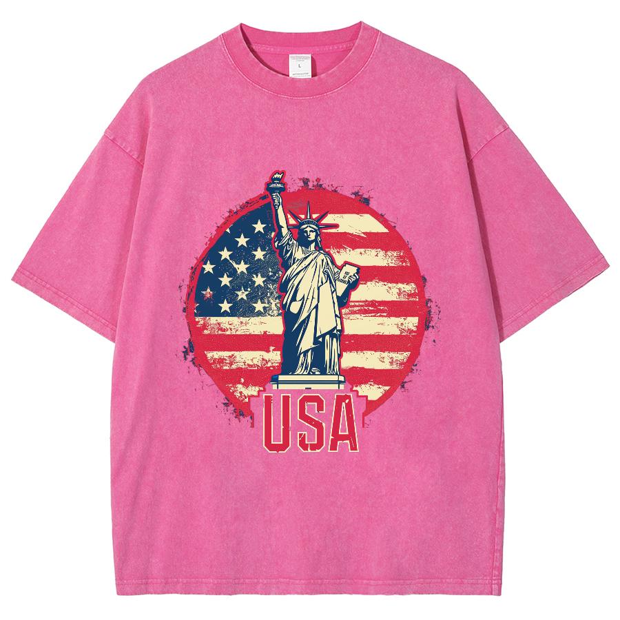 USA American Statue Of Liberty Women's T-Shirt Loose Wash Oversized Short Sleeve Fashion Simple Top
