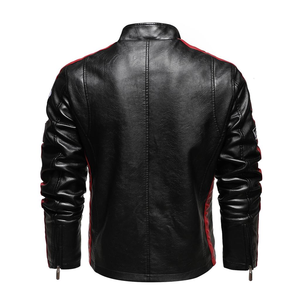 Men's Color Block PU Leather Jacket with Fleece Lining, Motorcycle Racing Style