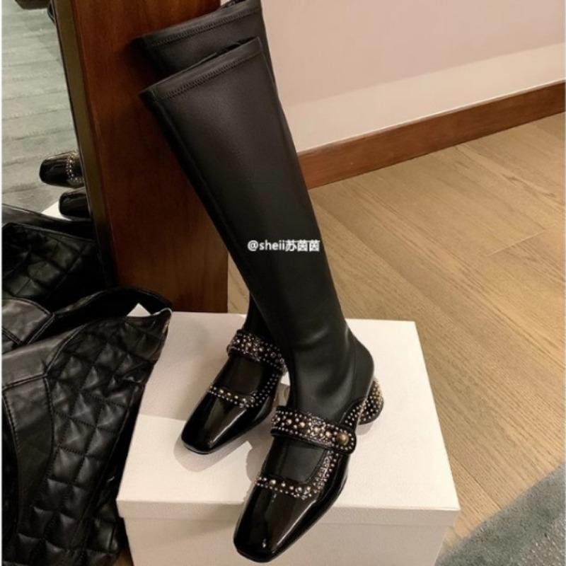 Cowhide Leather Square Head Rivet Fashion Boots Medium and High Elastic Boots Women's Skinny Boots Short Boots