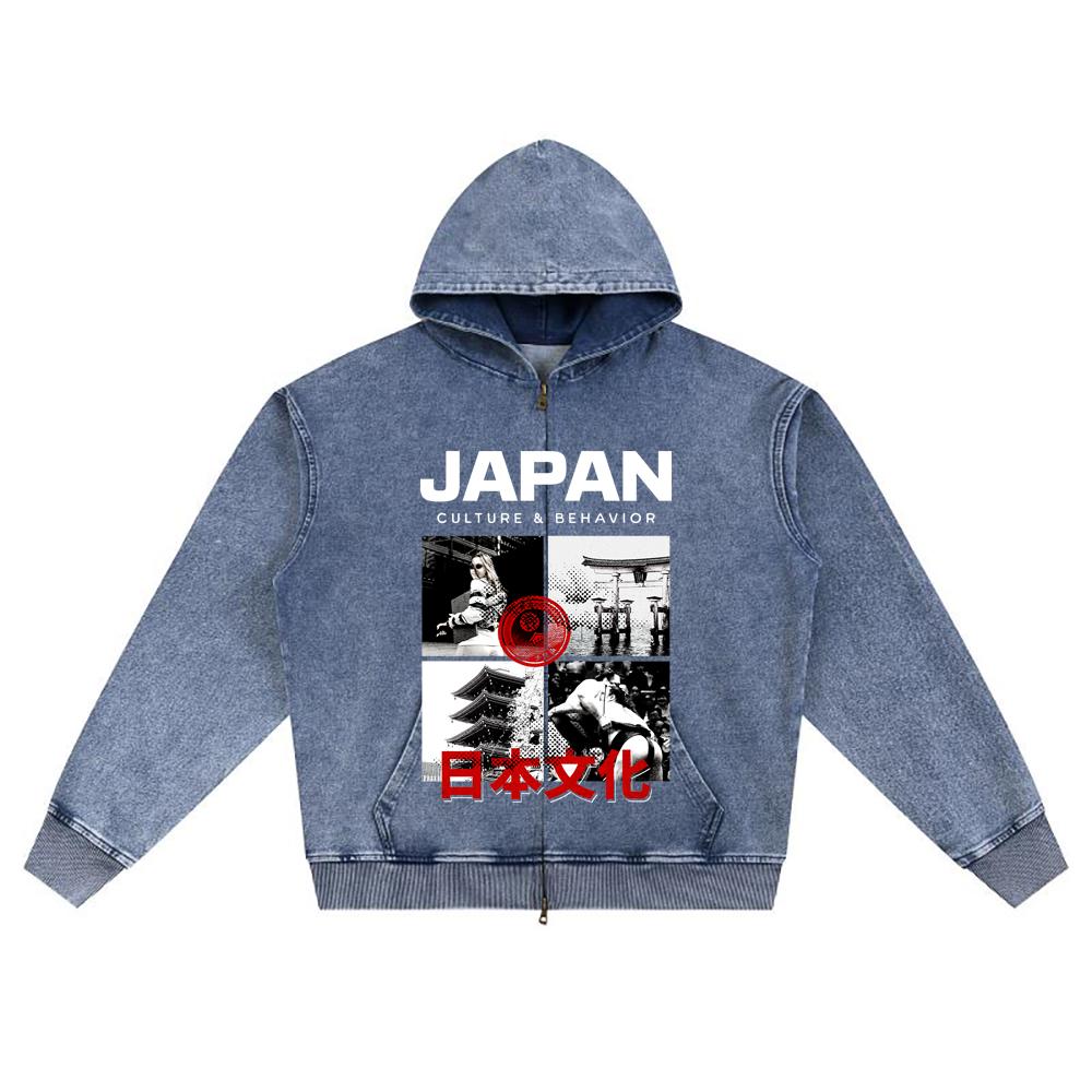 DTG-Druck Gestrickter Denim Zip-Up Hoodie Japan Samurai Bruder Druck Reißverschluss Hoodies