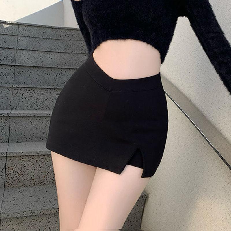 GlowGirl Black Split Mini Skirts Women Summer Sexy Club High Waist Slit Skirt Streetwear Korean Party Fashion Irregular Slim A Line Skirt