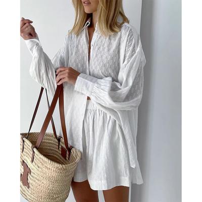 2 Pcs/set Women Fashion Long Sleeved Blouse Casual Shorts Shirt SetS Plus Size Casual Beach Sets