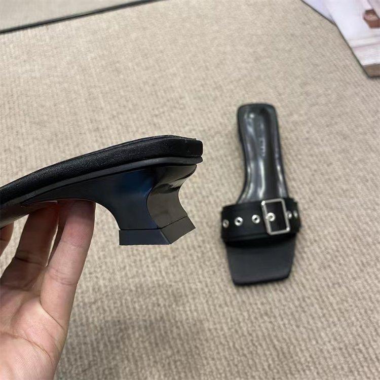 

Модная пряжка ремня однословная верхняя одежда босоножки на среднем каблуке необычной формы и шлепанцы женские 40 чёрный