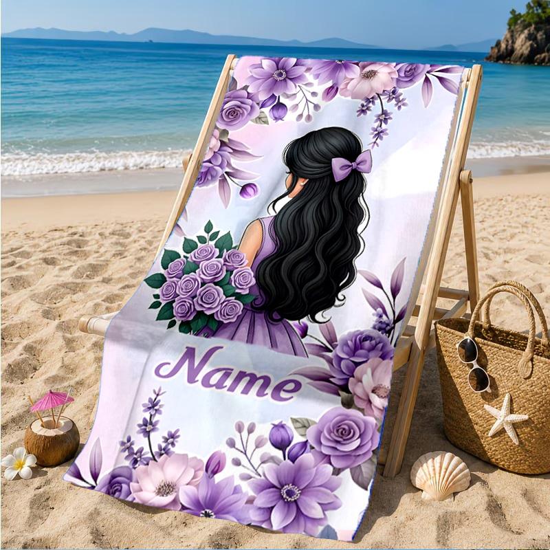 Custom Name Floral Princess Beach Towel Microfiber Beach Towel, Lightweight and Quick-Dry, for Summer Travel, Swimming Pool Gift