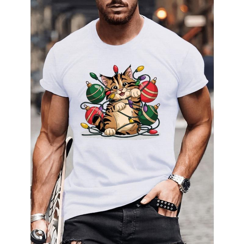 European Sizes 1pc Plus Size Men's Casual T-Shirt, Cat with Christmas Lights Graphic Print, Round Neck, Short Sleeve