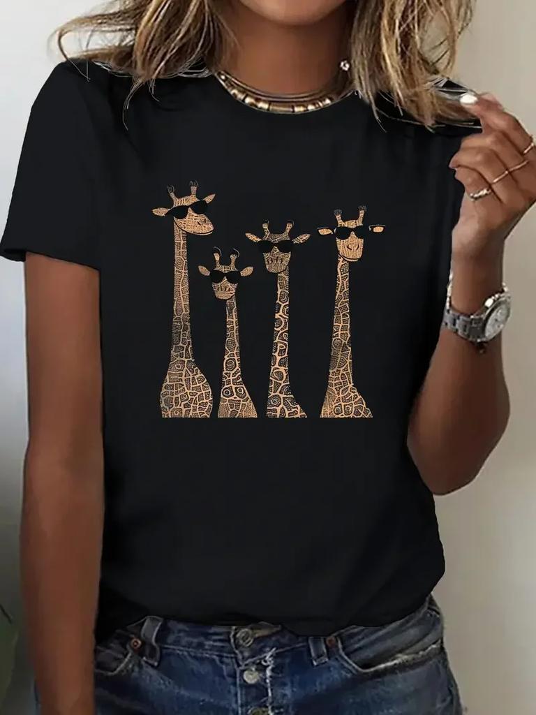 Cute Giraffe Print Crew Neck Tshirt  Casual Shortsleeved Top  Suitable for Spring and Summer Womens Wear  White Tshirt