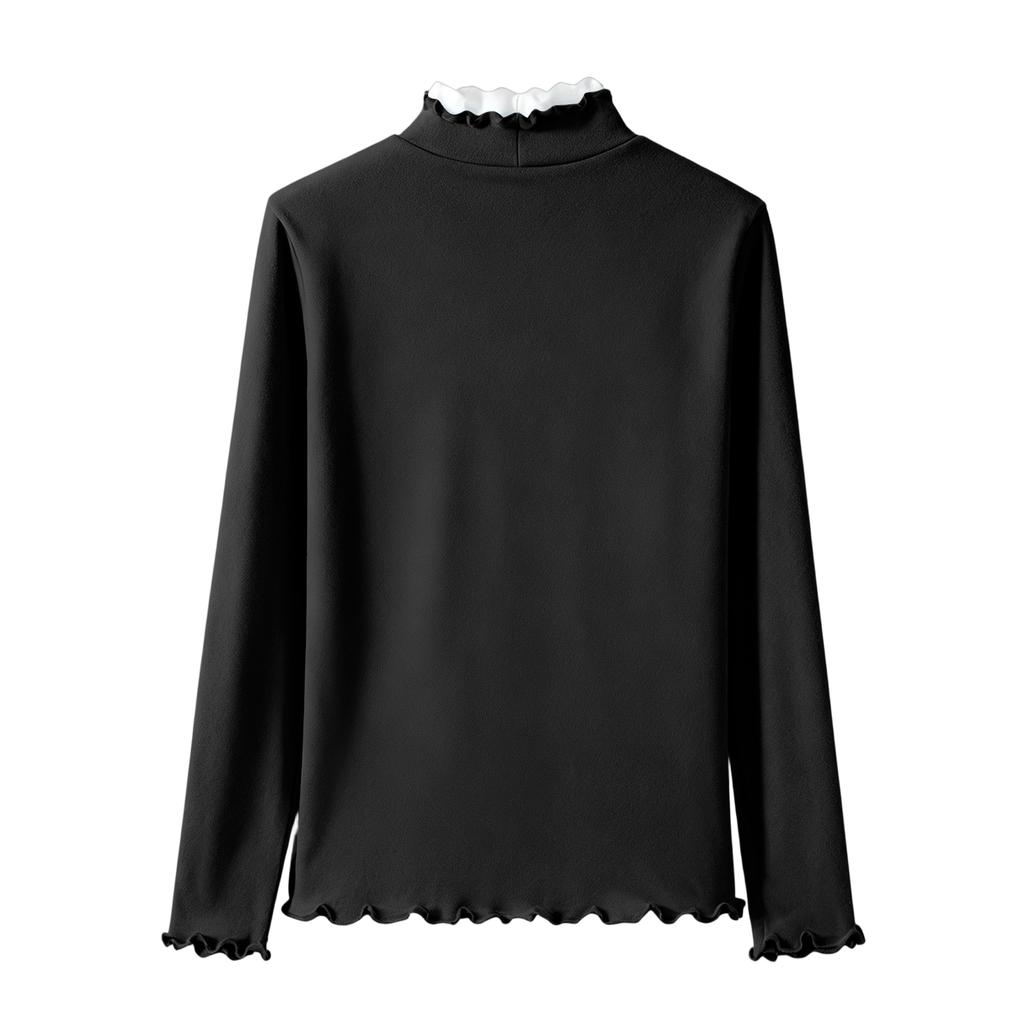 Ladies' Slim Fit Pullover Shirt With Lace Collar, Black Fungus Edge, German Velvet Long Sleeved Base, Top