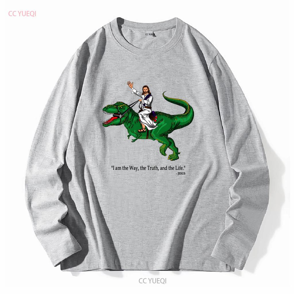 Jesus Riding Trex Dinosaur Funny Quotes Bible T Shirt Adult Retro Design Vintage Top A4845 Long or Short Sleeves Vintage Homme