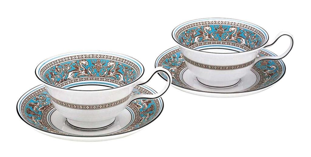 [Officially Imported] Wedgwood Florentine Turquoise Teacup & Saucer Pair with Peony Design, Perfect for Weddings and Gifts, 1053244