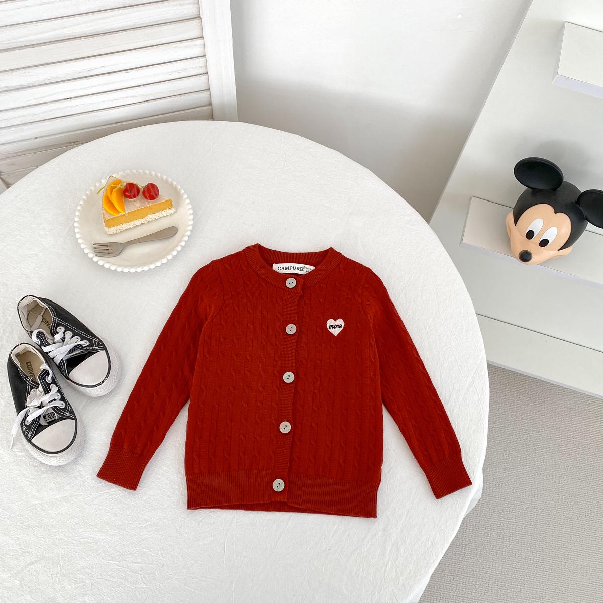 Toddler Girls  Korean Style Heart Stitch Knit Cardigan Sweater - Stylish and Casual 90cm красный