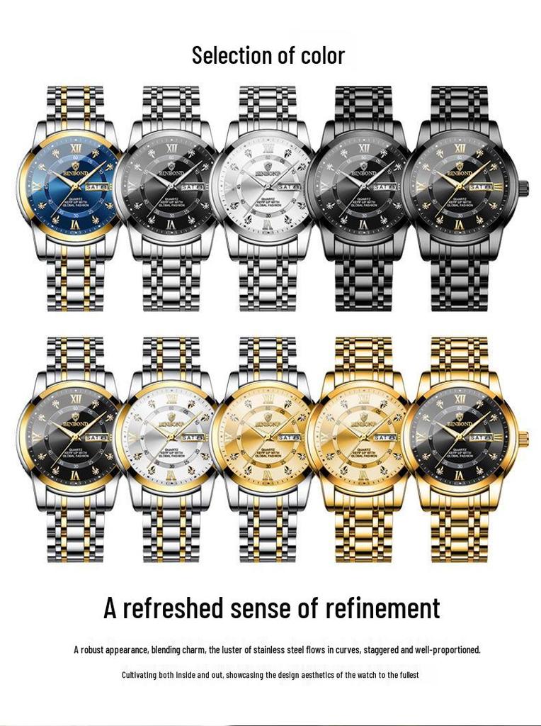 Binbang Men's Waterproof Quartz Watch with Luminous Dial, Rhinestone Accents, Dual Calendar, and Steel Strap.