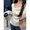 Brown Korean slanted shoulder swing collar long-sleeved T-shirt women's autumn bottoming off-the-shoulder pleated thin inner top