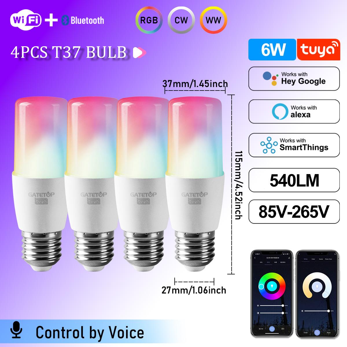 

1-10PCS T37 E27 Smart Wifi Led Light Bulb 6W RGBCW WW Candle Lamp Works With Alexa Amazon Google Home Yandex Alice Smartthings 6w