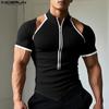 INCERUN Letnie Męskie Wycięte Krótkie Rękawy Szyte Zapinane na Zamek Prążkowane Casualowe Slim T-shirty Top