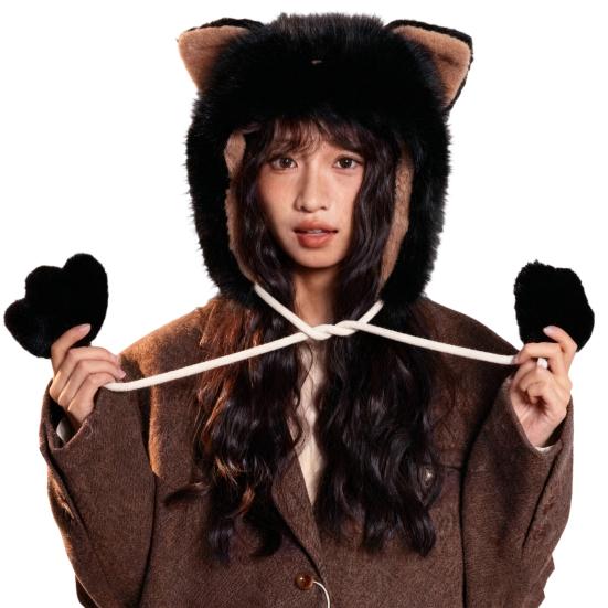 Women Hat Knitted Windproof Warm Winter Lei Feng Hat Cartoon Cat Shape Elastic Solid Color Thermal Cap