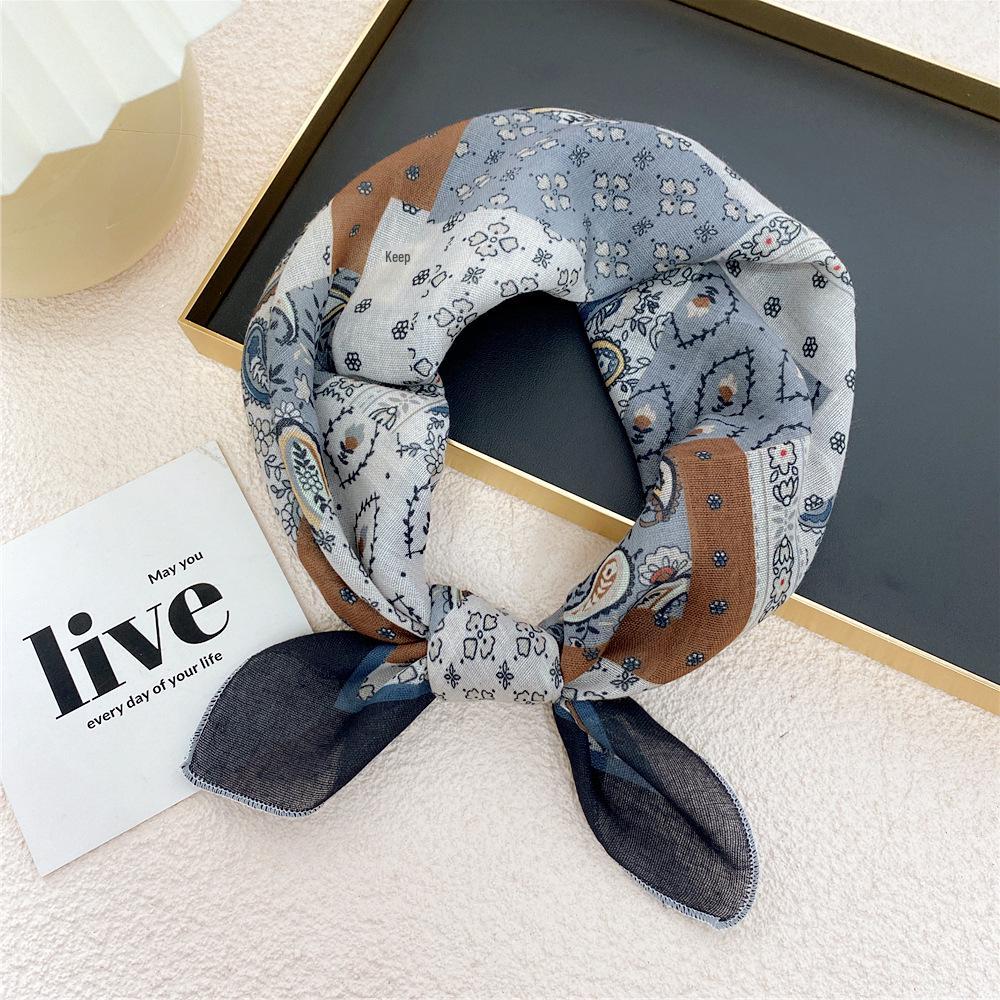 58 Cashew Silk Small Square Scarf: Korean Style Cotton Linen Printed Headscarf and Hairband for Women, Ideal for Spring, Summer, and Autumn.