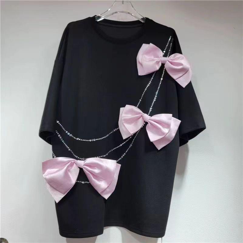3D Bowknot Solid Cotton T-shirt Women Sweet Rhinestone O-neck Short Sleeve Shirts Female New Spring Fashion Design Tops