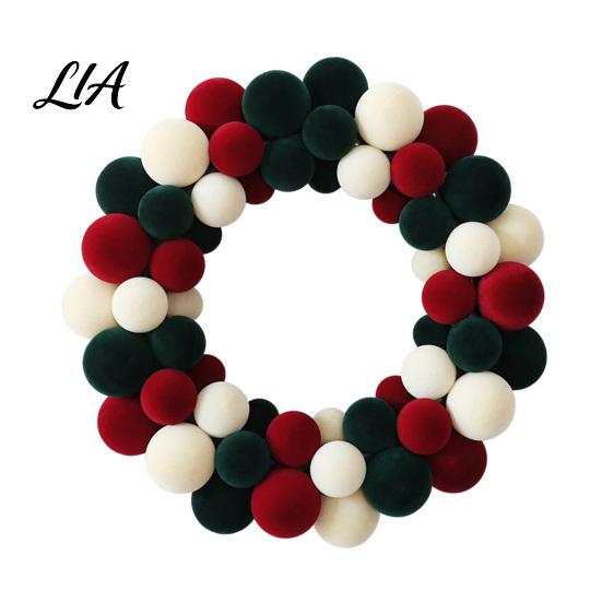 Seasonal Decorative Craft Wreath Christmas Pom for Front Door, Red Green White Velvet Elegant Atmosphere Prop Flocking Hanging Holiday Party,