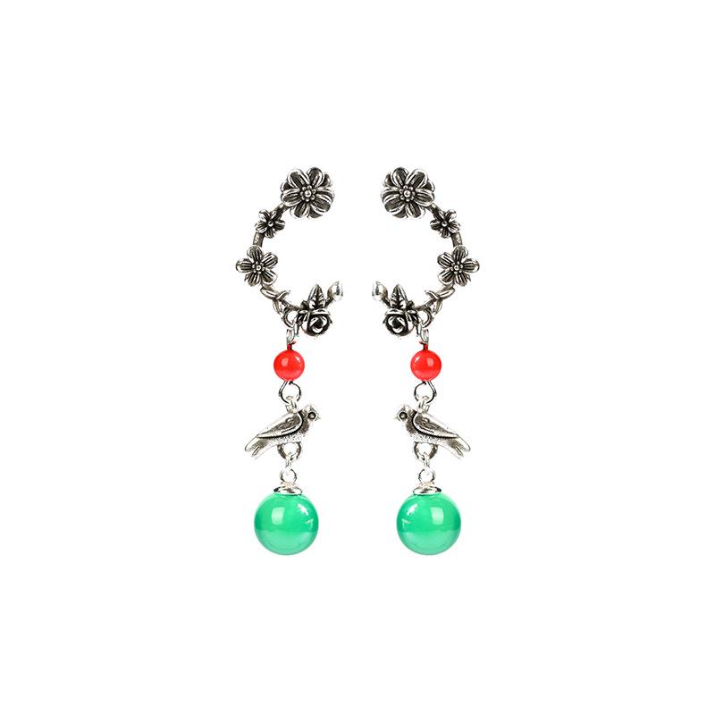 Chinese Retro Magpies On Plum Blossoms Earrings with Green Chalcedony