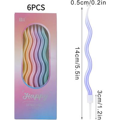 6 Pcs Spiral Twisted Birthday Candles, Rainbow Color Cake Candles with Metal Holders for Wedding Party Decoration