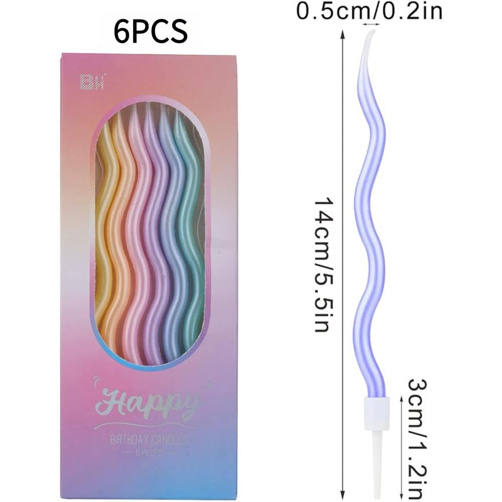6 Pcs Spiral Twisted Birthday Candles, Rainbow Color Cake Candles with Metal Holders for Wedding Party Decoration