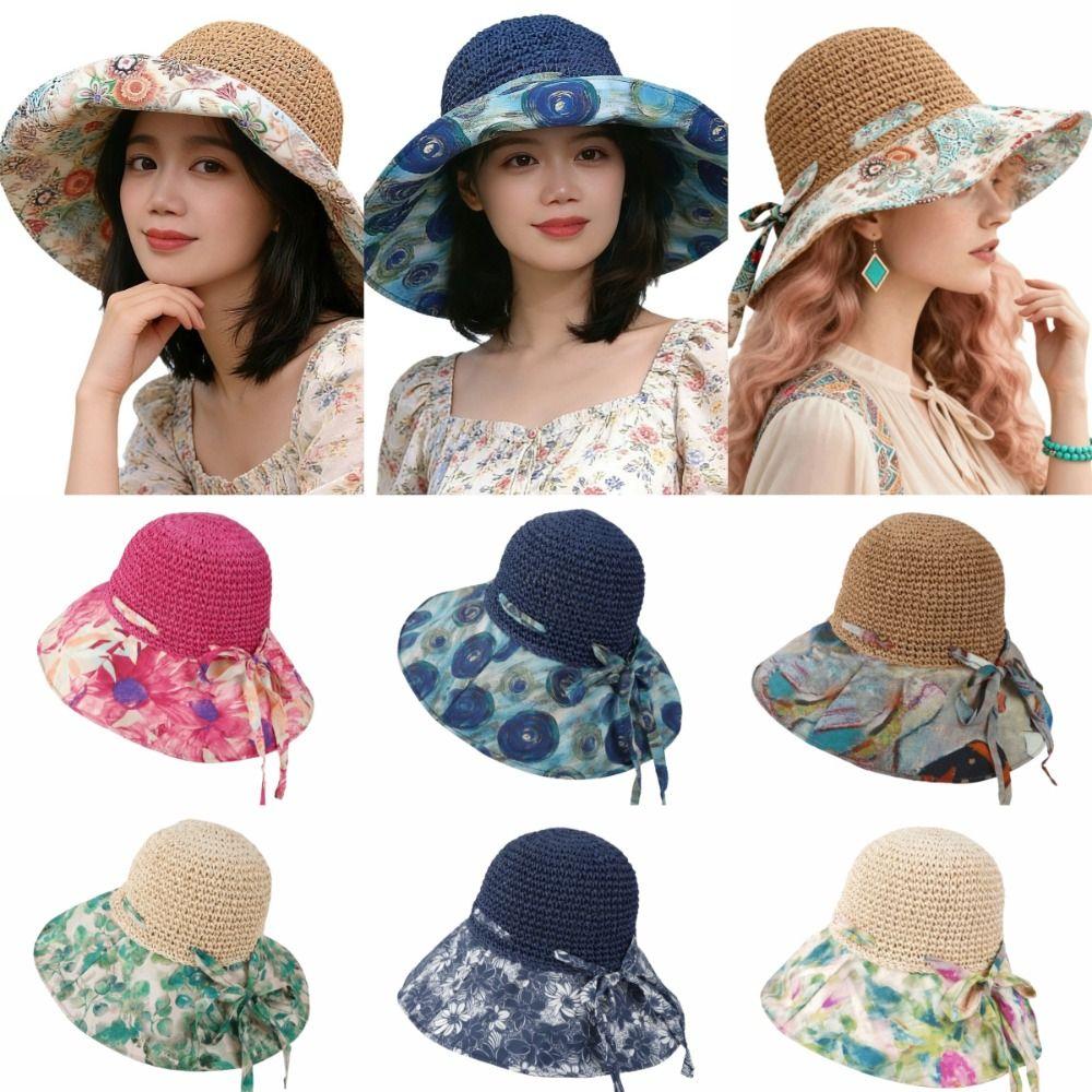 Grass Hat Large Brim Straw Hat Foldable Exquisite Flower Sun Protection Hat Uv Protection Breathable Beach Hat Beach