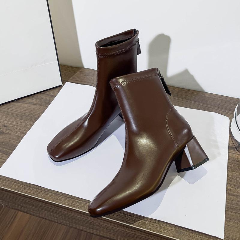 Square head short boots women's thick heel 2025 new autumn and winter high heel medium tube women's boots brown thin French short boots