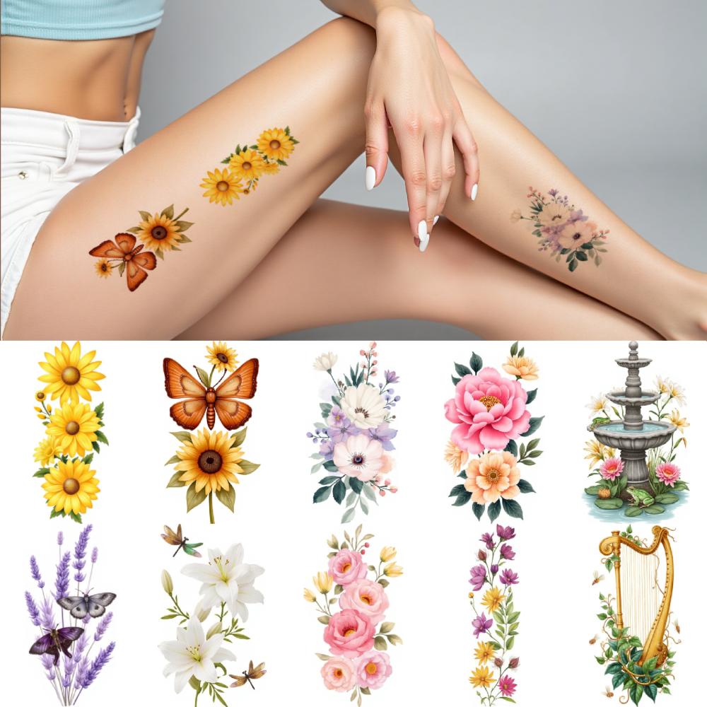 9 peças de Tatuagem Temporária Adesivos de Tatuagem Temporária Lírios Dálias Flores de Cerejeira Para Coxas Braços Masculinos