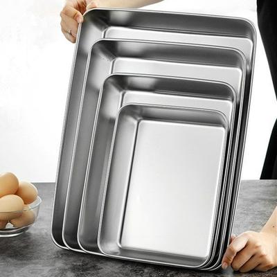 Thicken Stainless Steel Food Storage Tray Rectangular Deep Plates Fruits Bread Cakes Steamed Sausage Dishes Kitchen Cooking Tool