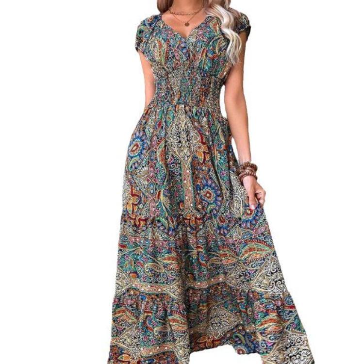 Floral Print Bohemian Maxi Dress with V Neck and Waist Cinching Big Swing Skirt