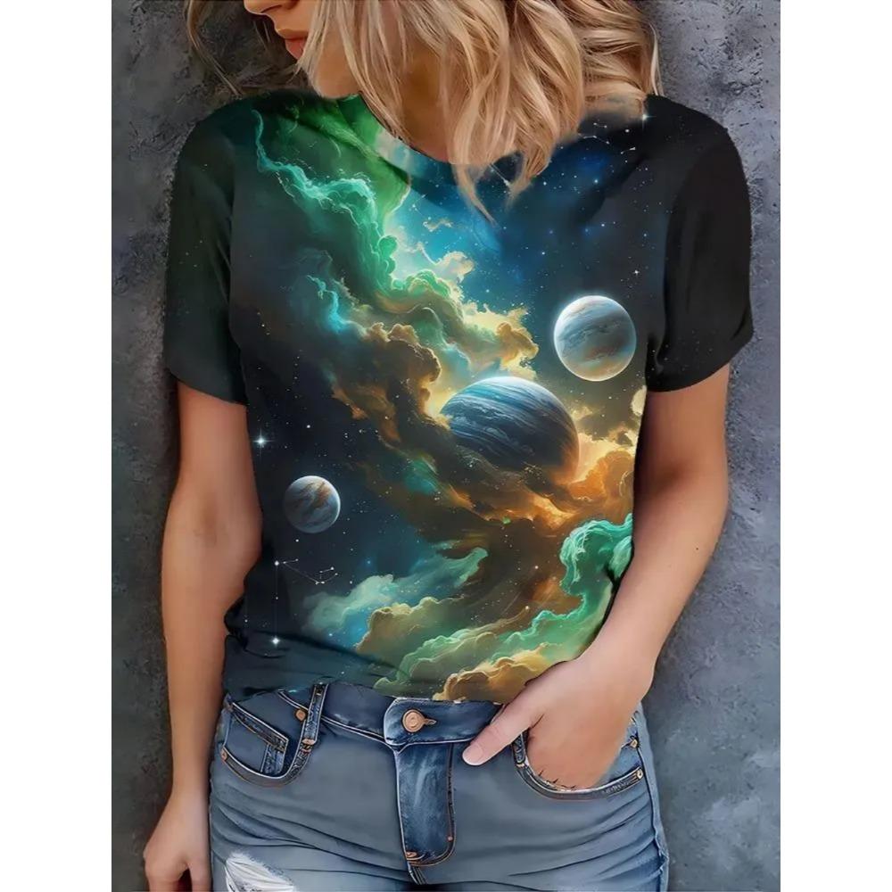 Ladies Fashionable Comfortable Printed T-shirt Colorful Starry Sky Patterns Loose Breathable Large Size Short Sleeved T-shirt