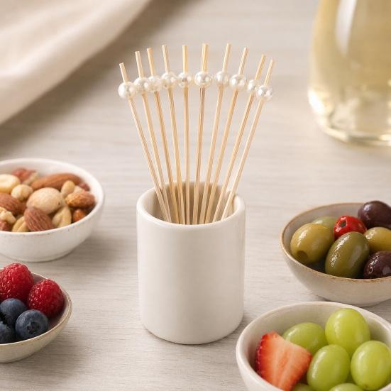 100PCS Disposable Fruit Tags, Pearl Decor Bamboo Sticks, Sharp Tip Luxury Style Skewers, for Cocktails Dessert Cakes Afternoon Tea Decorations