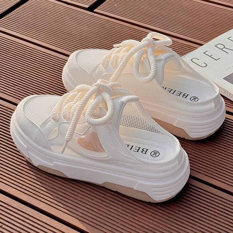 

Summer half slippers women s new breathable thin mesh mesh shoes student leisure one pedal lazy little white shoes 40 бежевый