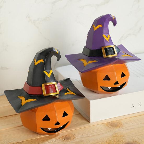 Halloween Ornament Pumpkin Wearing Witch Hat Shape Statue Indoor Outdoor Decor Spooky Halloween Tabletop Decoration