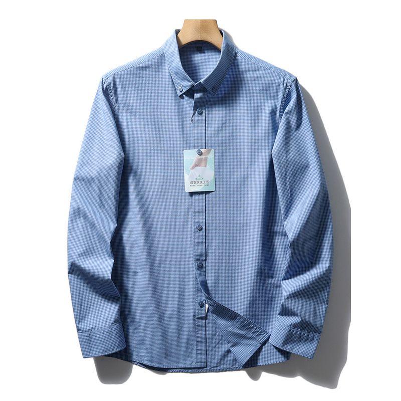 Pure Cotton Small Plaid Shirt Men Long Sleeves Spring and Autumn 2024 Business Casual Jacket Export Export Cotton Shirt Blue Plaid L