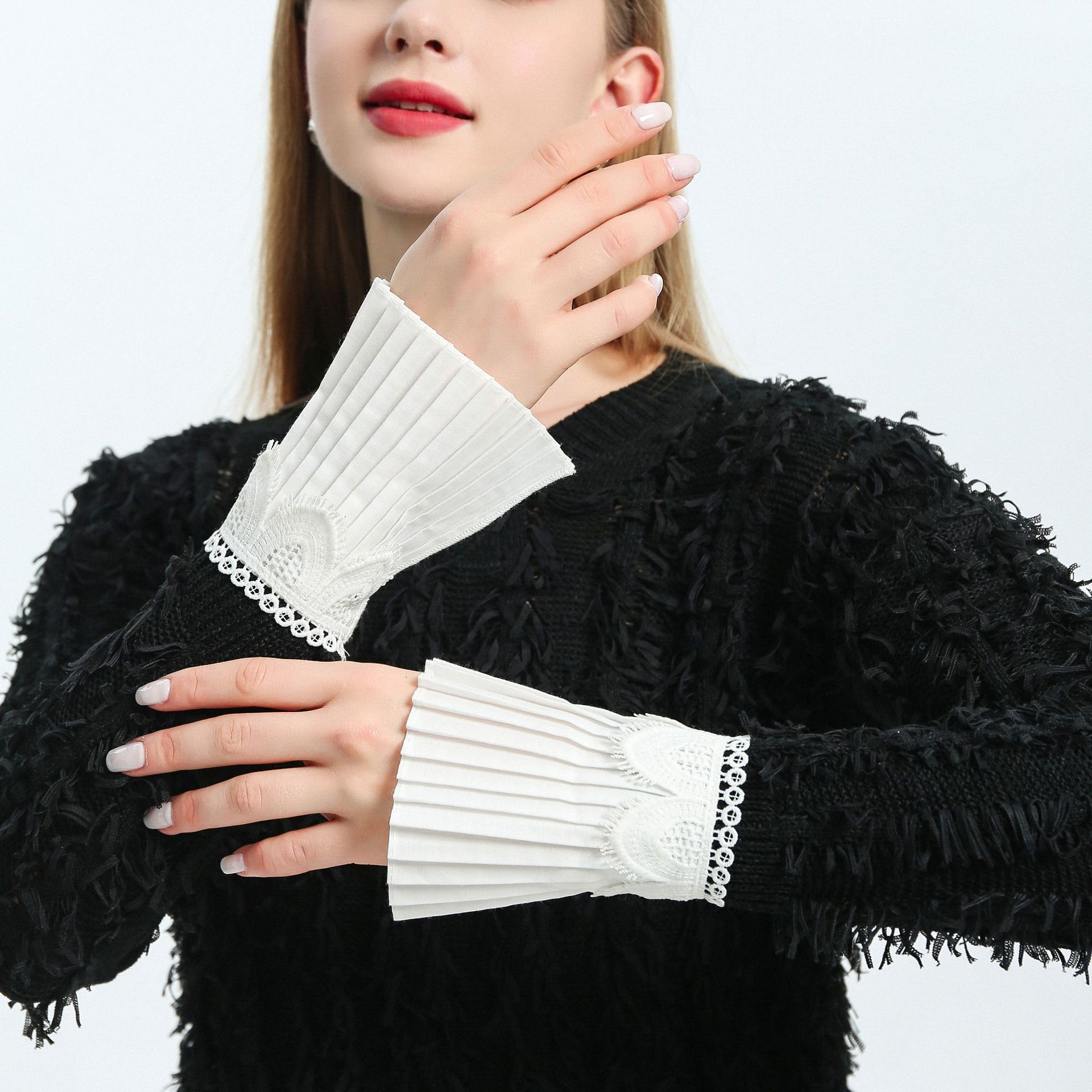 

Женская рубашка-платье, съемные накладные рукава, весенний свитер, плиссировка на запястье, накладные манжеты, декоративные рукава, кружевные оборки, манжеты рукавов